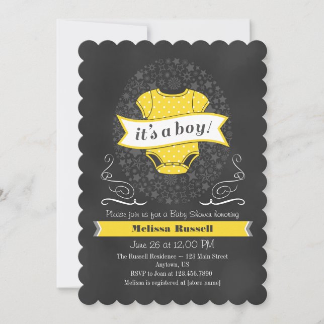 Yellow Chalkboard Boy Baby Shower Invite (Front)