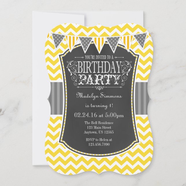 Yellow Chalkboard Chevron Birthday Invite (Front)