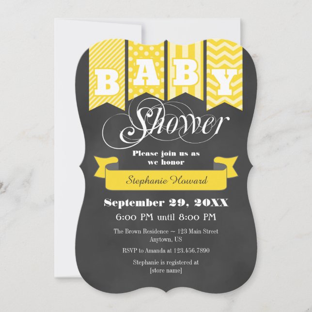 Yellow Chalkboard Flag Baby Shower Invite (Front)