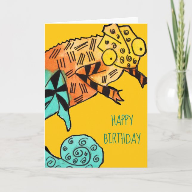 Yellow chameleon ink kids birthday card (Front)