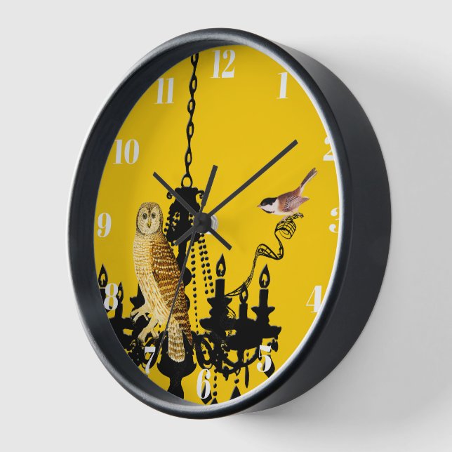 Yellow Chandelier Chickadee Owl Clock Personalised (Angle)