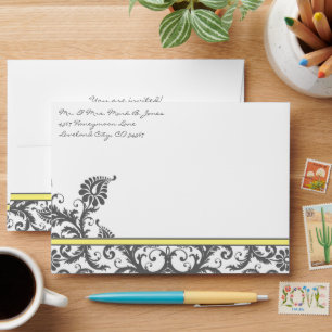 Yellow & Charcoal Grey Damask Wedding Envelopes