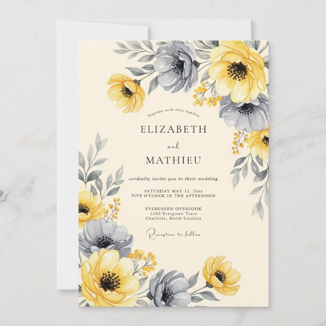Yellow Charcoal Striking Floral Wedding Invitation (Front)