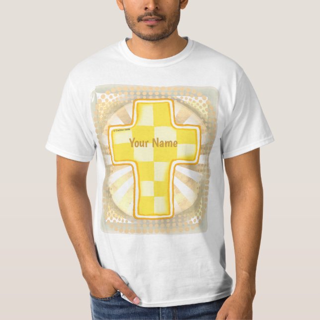 Yellow Check Christian Cross  T-Shirt (Front)