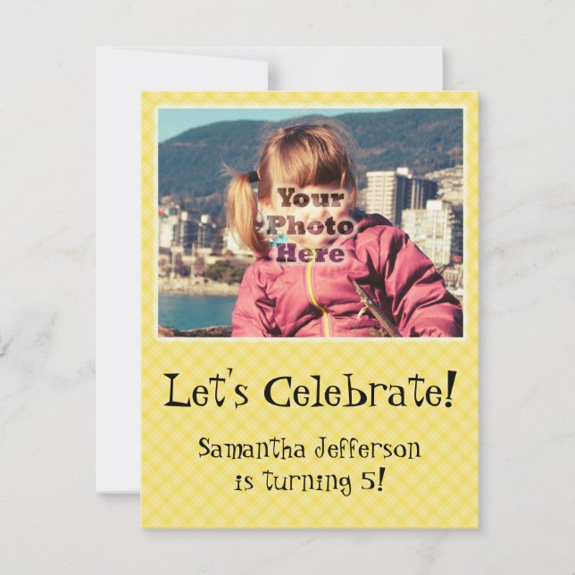 Yellow Check Cute Photo Birthday Party Invitations (Front)