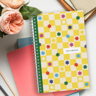 Yellow Checkerboard Stars Flowers Pattern Notebook