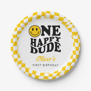 Yellow Checkered Smile One Happy Dude 1st Birthday Paper Plate