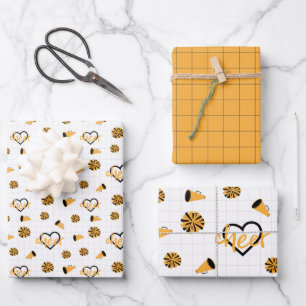 Yellow Cheer Hearts, Pom Poms, Megaphone Pattern Wrapping Paper Sheet