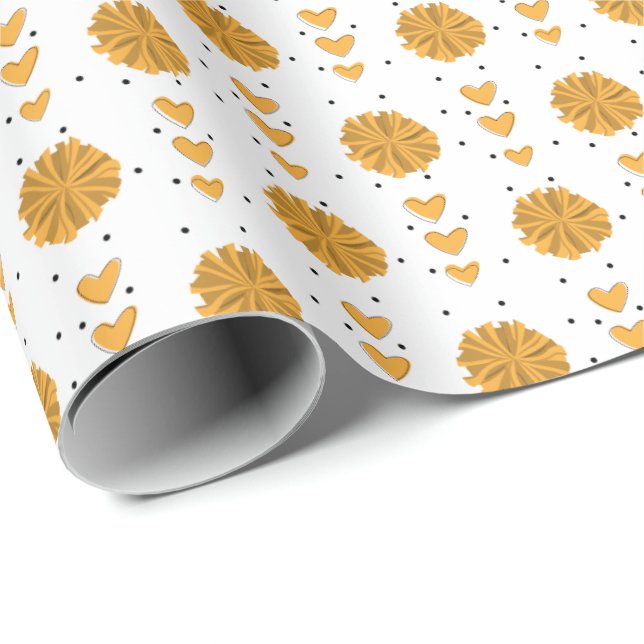 Yellow Cheerleader Pom Poms & Hearts Pattern Wrapping Paper (Roll Corner)