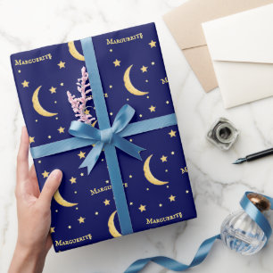 Yellow Cheese Moon & Stars Personalized Celestial Wrapping Paper