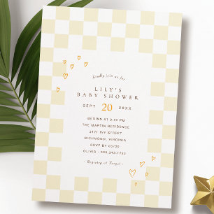 Yellow Chequerboard   Neutral Retro Baby Shower Invitation