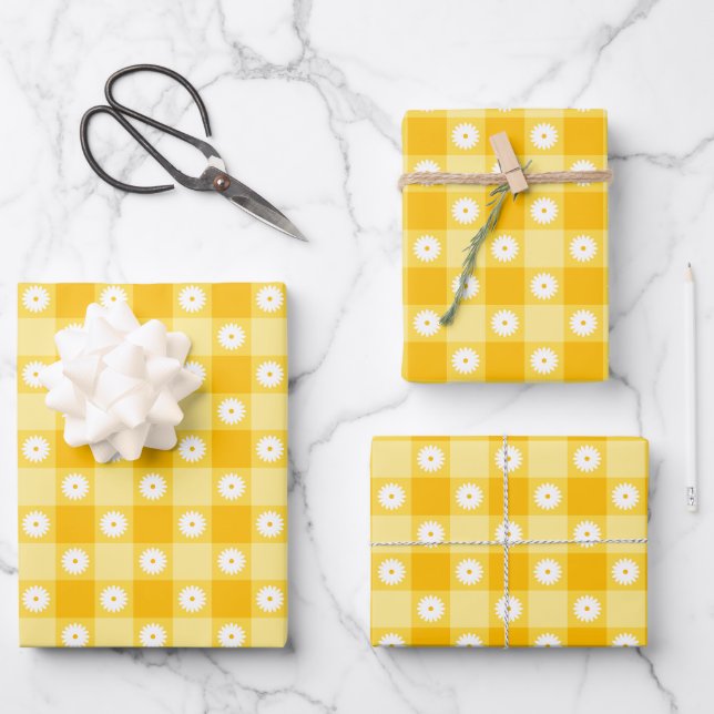 Yellow Chequered Floral Wrapping Paper Sheet (Front)