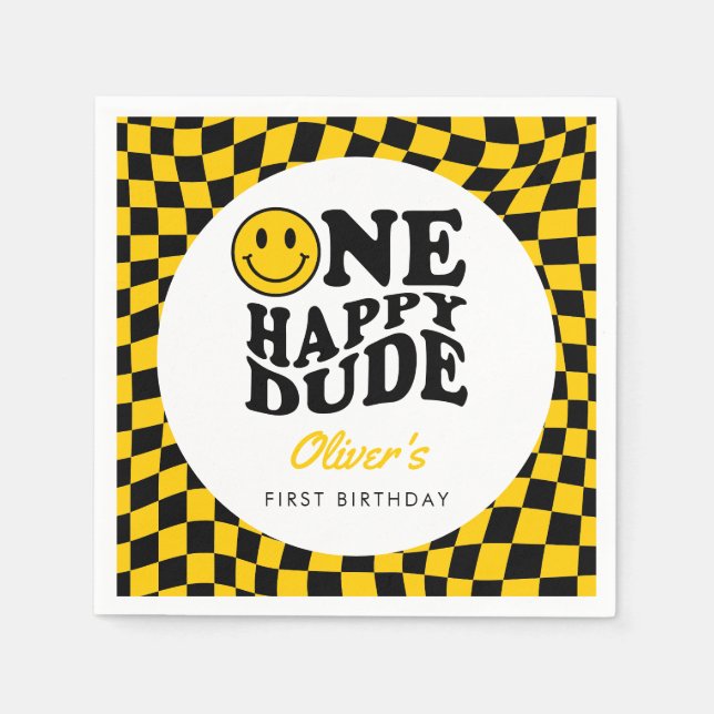 Yellow Chequered Smile Face 1st Birthday Custom Napkin (Front)