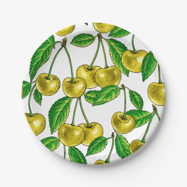 Yellow cherries on white paper plate (Front)