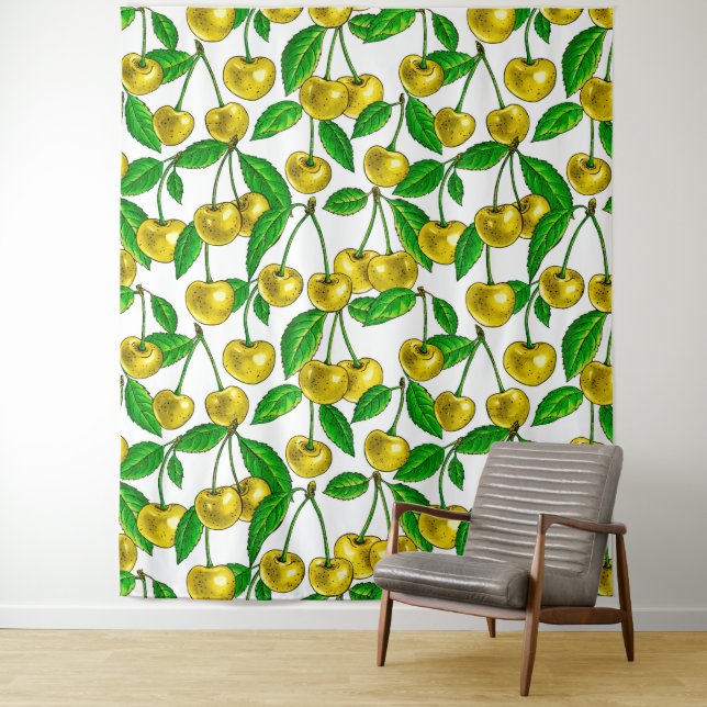 Yellow cherries on white tapestry (In Situ)