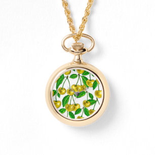 Yellow cherries on white watch