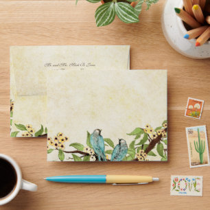 Yellow Cherry Blossom Vintage Aqua Bird Envelopes