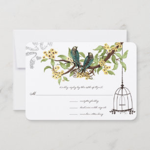 Yellow Cherry Blossoms Teal Birds Birdcage RSVP Card