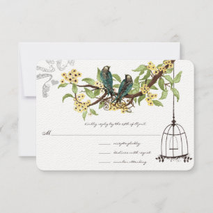 Yellow Cherry Blossoms Teal Birds Birdcage RSVP Card