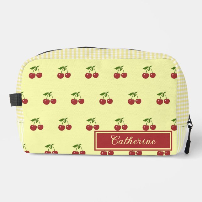Yellow Cherry Gingham Pattern Simple Red Fruit Dopp Kit (Front)