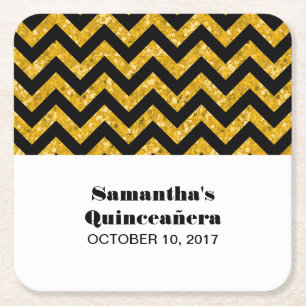 Yellow Chevron Glitter Quinceañera Coasters