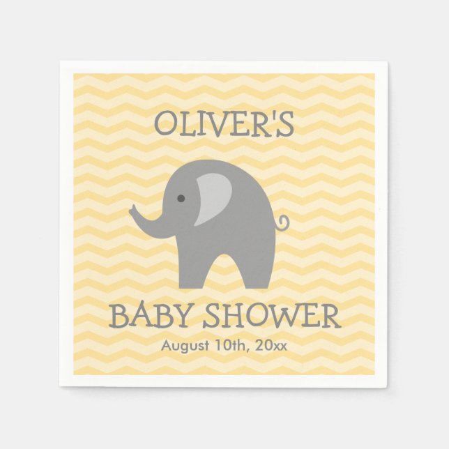 Yellow chevron grey elephant baby shower napkins (Front)