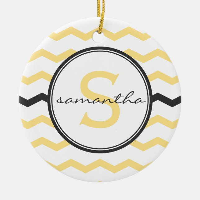 Yellow Chevron Monogram Ceramic Tree Decoration (Front)