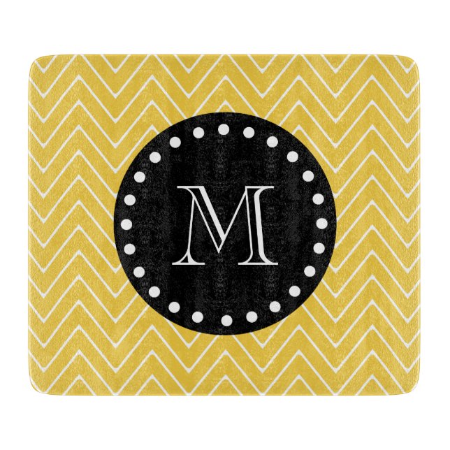 Yellow Chevron Pattern | Black Monogram Cutting Board (Front)