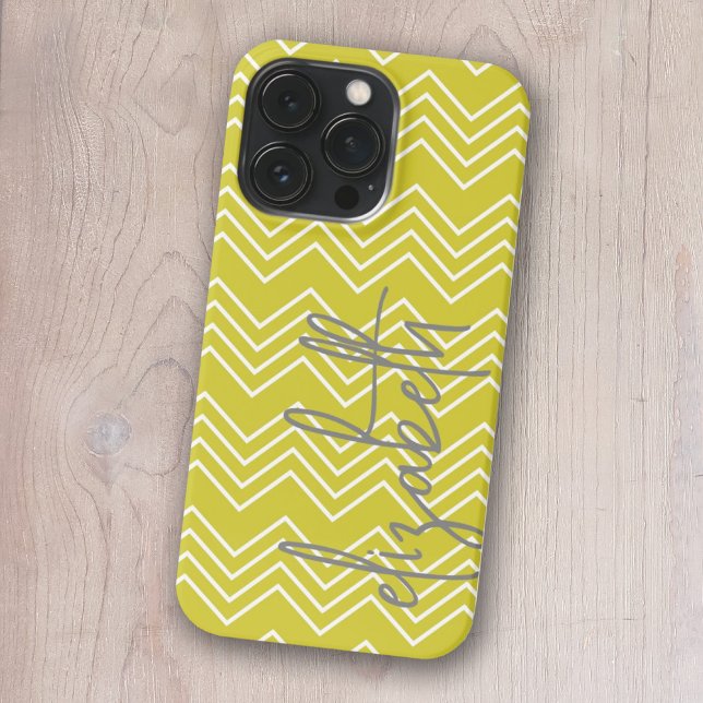 Yellow Chevron Pattern - Grey funky Script Name iPhone Case (Creator Uploaded)