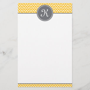 Yellow Chevron Pattern Grey Monogram Stationery
