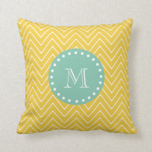 Yellow Chevron Pattern Mint Green Monogram Cushion