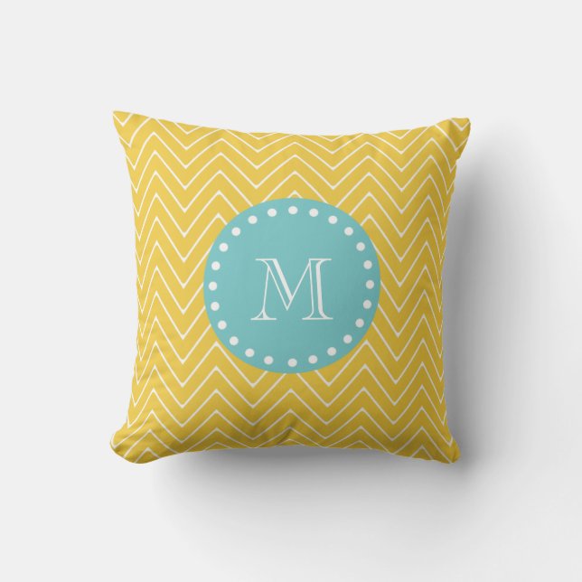 Yellow Chevron Pattern | Teal Monogram Cushion (Front)