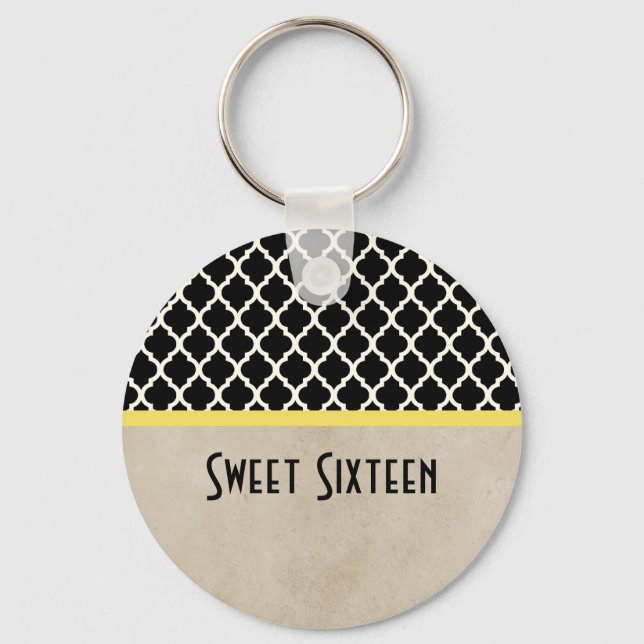 Yellow Chic Quatrefoil Sweet 16 Keychain (Front)