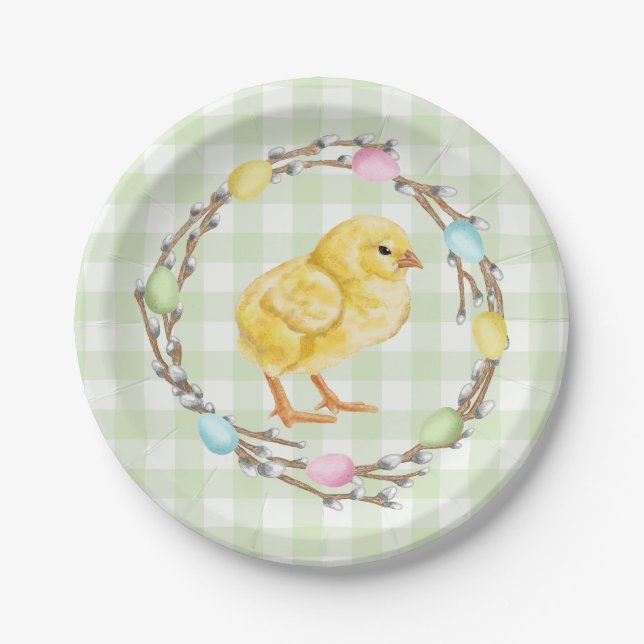 Yellow Chick And Pastel Willow Wreath Easter Paper Plate (Front)