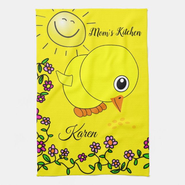 Yellow Chick Floral Kitchen Hand Towel (Vertical)