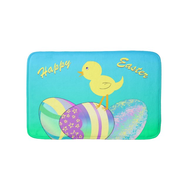 Yellow Chick with Pastel Eggs HAPPY EASTER Bath Mat (Front)