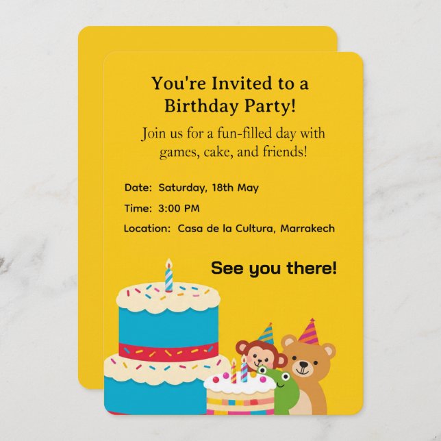  Yellow Childish Birthday Invitation Card – Fun Ki (Front/Back)