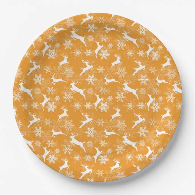 Yellow Christmas snowflakes deer pattern Paper Plate (Front)