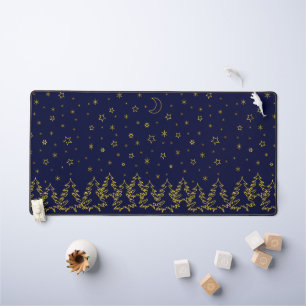 Yellow Christmas spruce trees and stars on blue Desk Mat