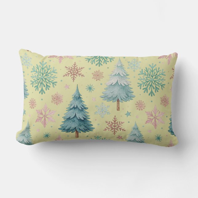Yellow Christmas Tree & Snowflake Throw Pillow (Front)