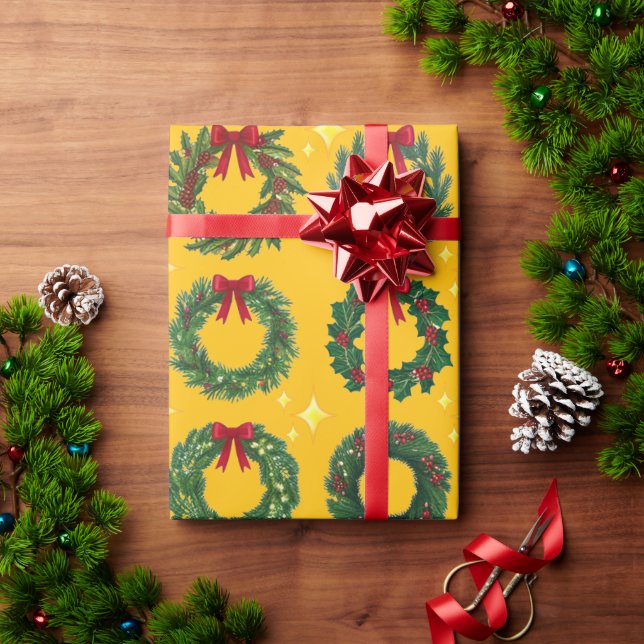 Yellow Christmas Wreath Wrapping Paper (Holiday Gift)