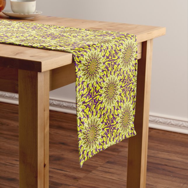 Yellow Chrysanthemum Floral Purple Patterned Short Table Runner (In Situ)
