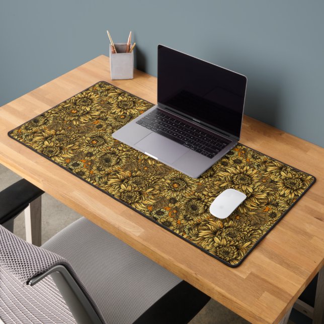 Yellow chrysanthemum flowers and orange beetles desk mat (Office 2)