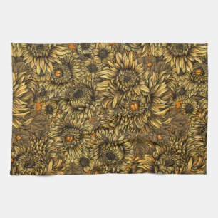 Yellow chrysanthemum flowers and orange beetles tea towel