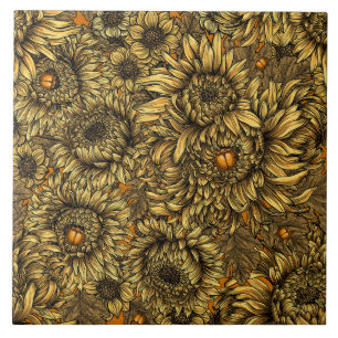 Yellow chrysanthemum flowers and orange beetles tile