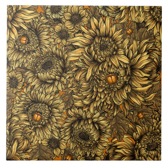 Yellow chrysanthemum flowers and orange beetles tile (Front)