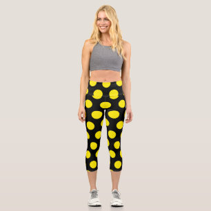 Yellow Circles on Black Background Capri Leggings