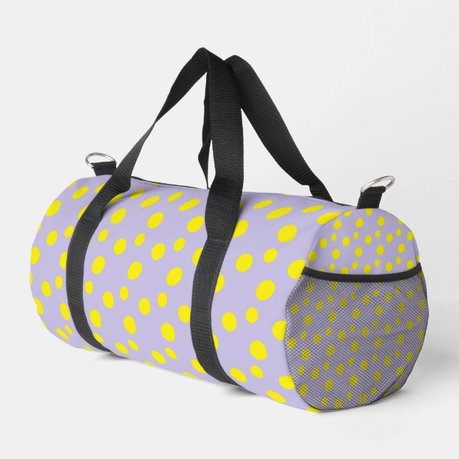 Yellow circles on purple duffle bag (Right Corner)