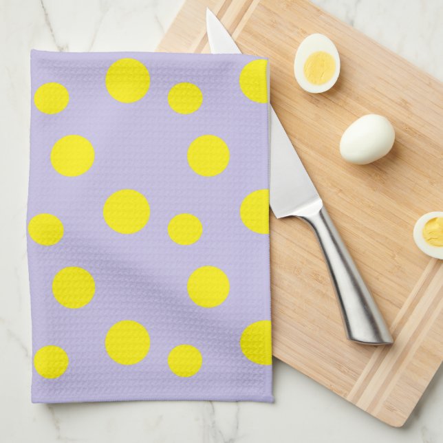 Yellow circles on purple pattern tea towel (Quarter Fold)