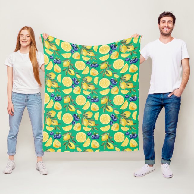 Yellow Citrus lemons and Blueberry Patterns Fleece Blanket (In Situ)